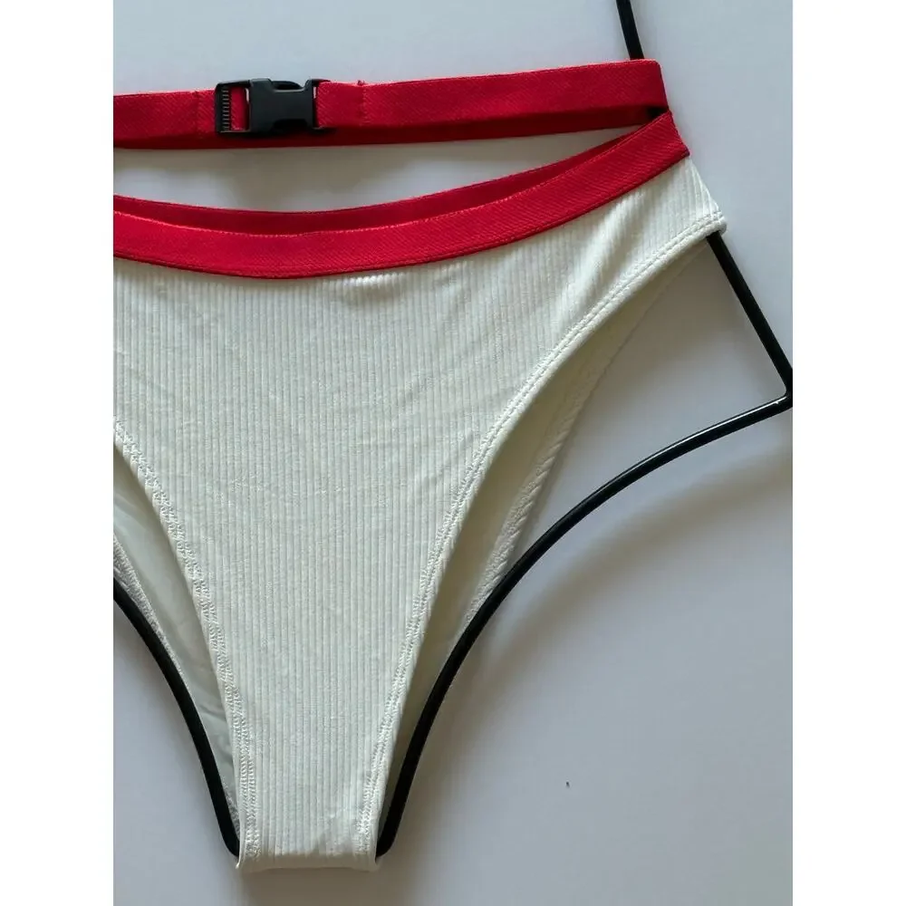 Frankies Bikinis Kiki High Waisted Buckle Bikini Bottom - White Red - S - NWT